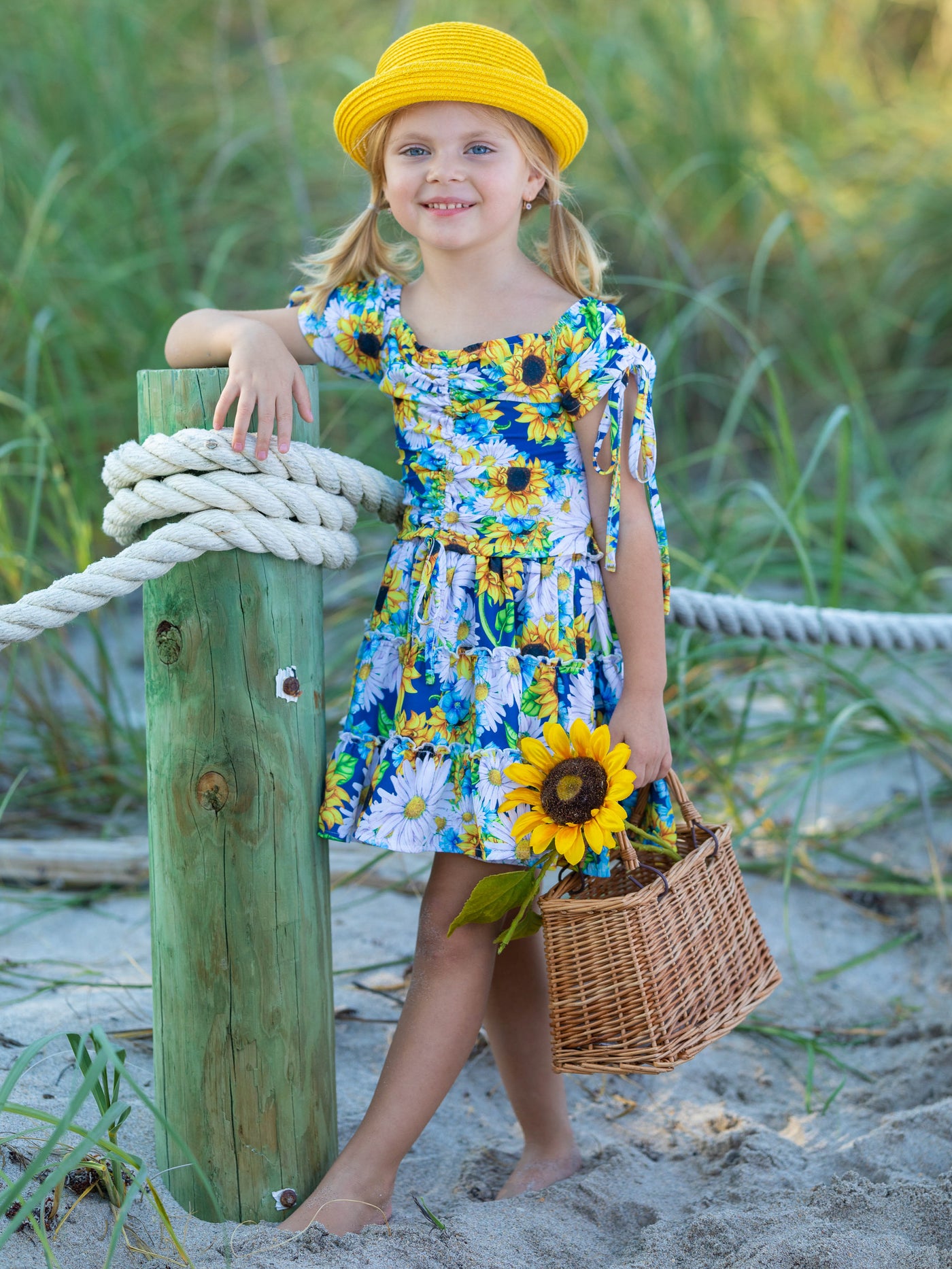 Toddler Spring Outfits | Girls Cap Sleeve Sunflower Top & Skirt Set 