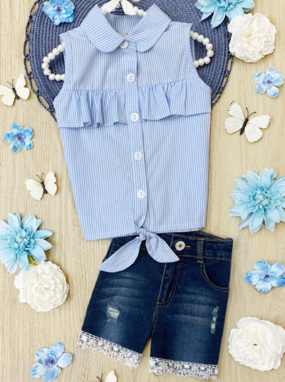 Toddler Spring Outfits | Girls Girl Blue Striped Top & Denim Shorts
