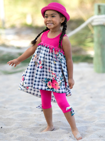 Toddler Spring Outfits | Girls Plaid Floral Tank Tunic & Legging Set