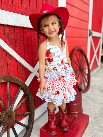 Cute Spring Dresses | Girls Stripe Floral Ruffled Halter Skirt Set