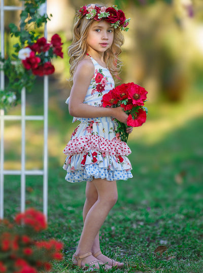 Cute Spring Dresses | Girls Stripe Floral Ruffled Halter Skirt Set