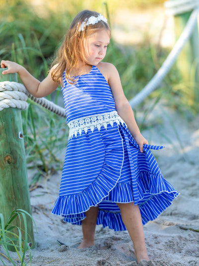 Girls Spring & Summer Sets | Blue Stripe Crochet Hem Top & Skirt Set