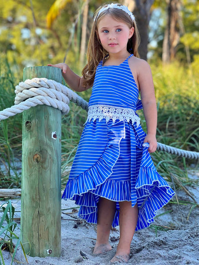 Mia Belle Girls Blue Stripe Crochet Top & Skirt Set | Spring Wear