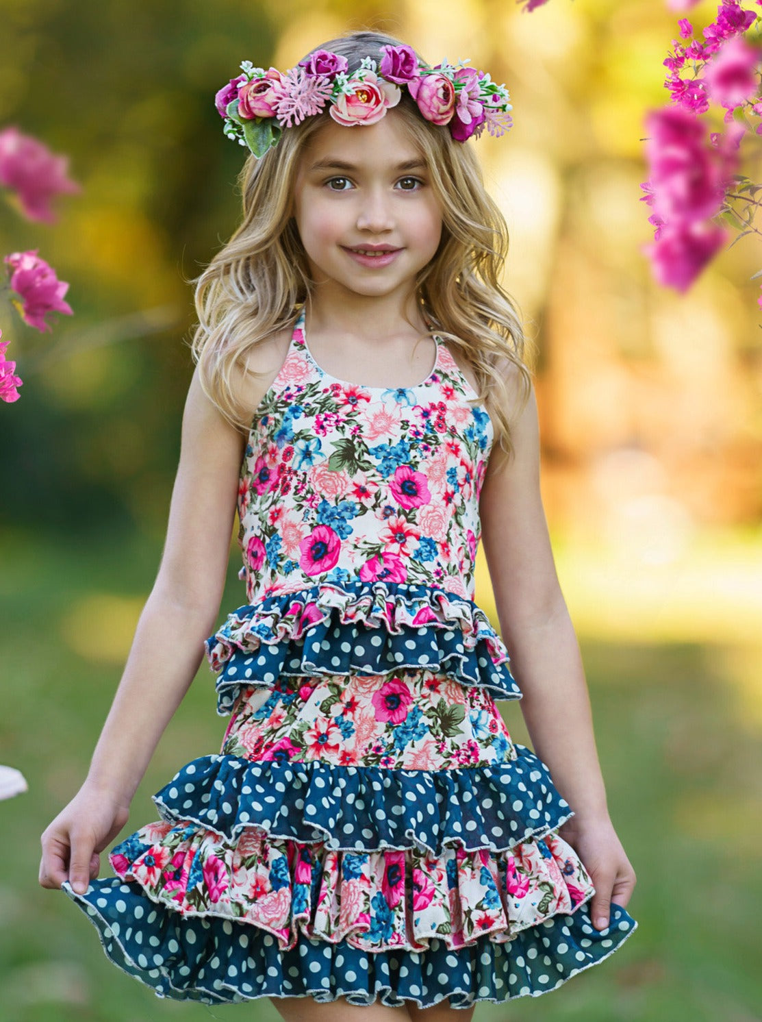 Cute Spring Dresses | Girls Floral Polka Dot Ruffled Halter Skirt Set