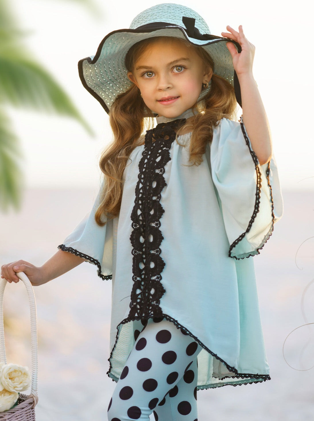 Toddler Spring Outfit | Mint Lace Accent Tunic & Polka Dot Legging Set
