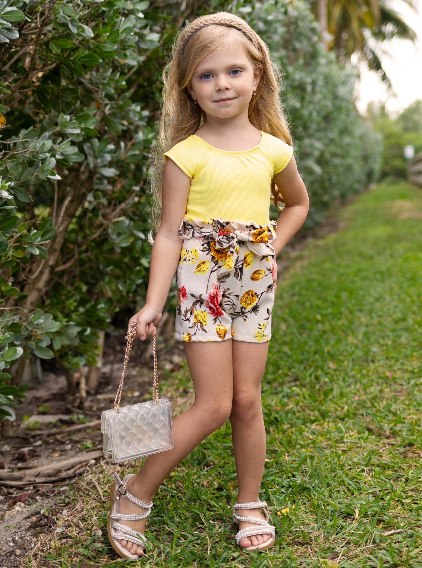 Kids Spring Sets | Girls Shimmer Ribbed Top & Paperbag Belted Shorts