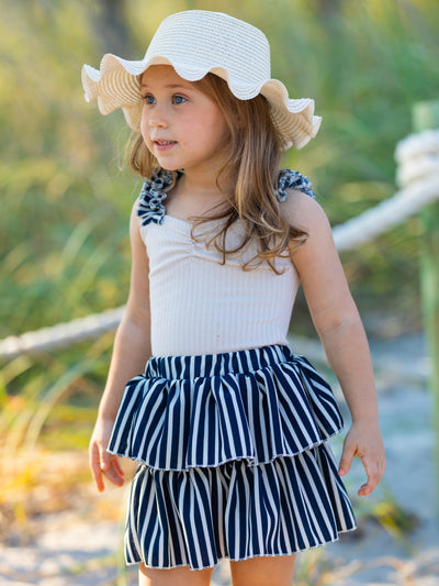 Toddler Spring Outfits | Girls Striped Ribbed Top & Tiered Skirt Set 
