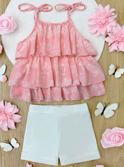 Girls Summer Outfit | Pink Floral Tiered Ruffle Top & White Shorts Set
