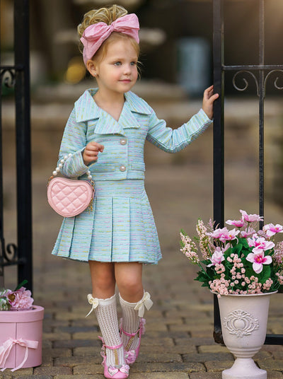 Preppy Chic Sets | Tweed Blazer & Pleated Skirt Set | Mia Belle Girls