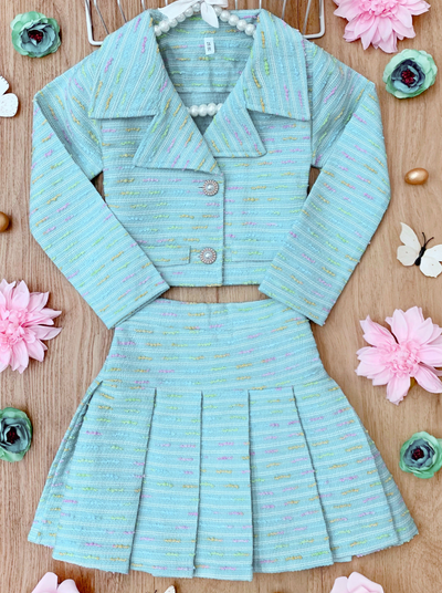 Preppy Chic Sets | Tweed Blazer & Pleated Skirt Set | Mia Belle Girls