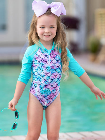 Toddler Rash Guard Swimsuit | Girls Mermaid Scale One Piece Swimsuit