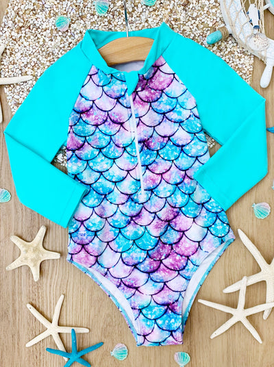 Toddler Rash Guard Swimsuit | Girls Mermaid Scale One Piece Swimsuit