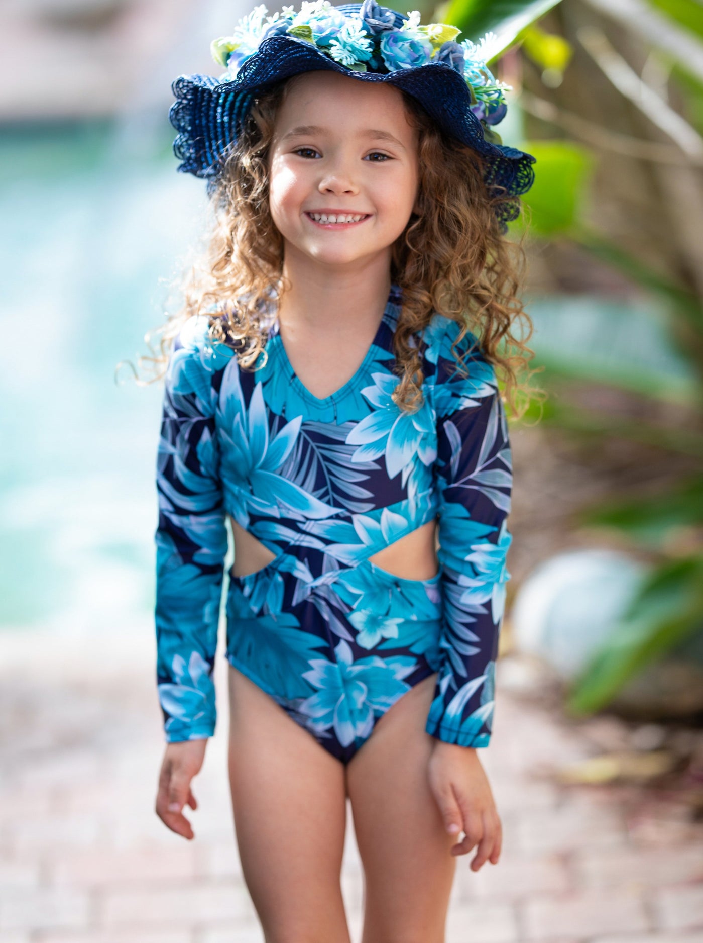 Little Girls Swimwear | Tropical Print Side Cutout Rash Guard Swimsuit