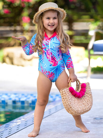 Toddler Rash Guard Swimsuit | Girls Tropical Print One Piece Swimsuit