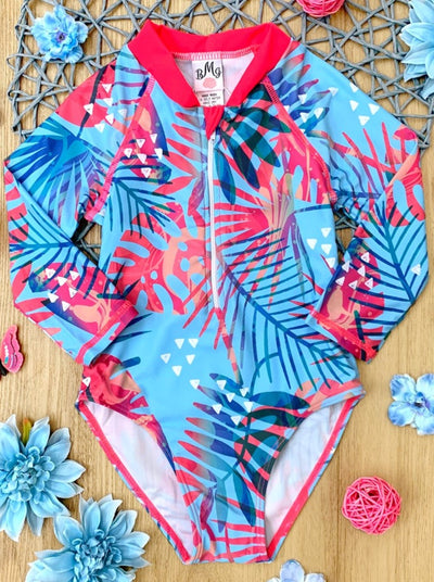 Mia Belle Girls Tropical Rash Guard Swimsuit | One Piece Swimsuits