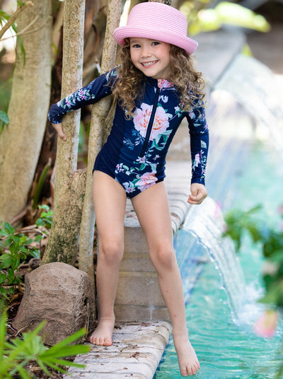 Little Girls Swimwear | Toddler Rose One Piece Rash Guard Swimsuit