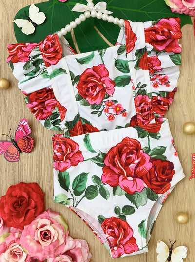 One Piece Girls Swimsuit | Rose Flutter Sleeve Open Side Swimsuit