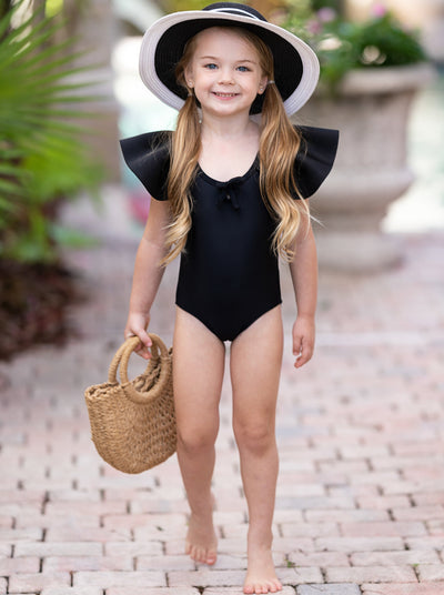 Kids Swimsuits | Girls Ruffled Shoulder Black One Piece Swimsuit