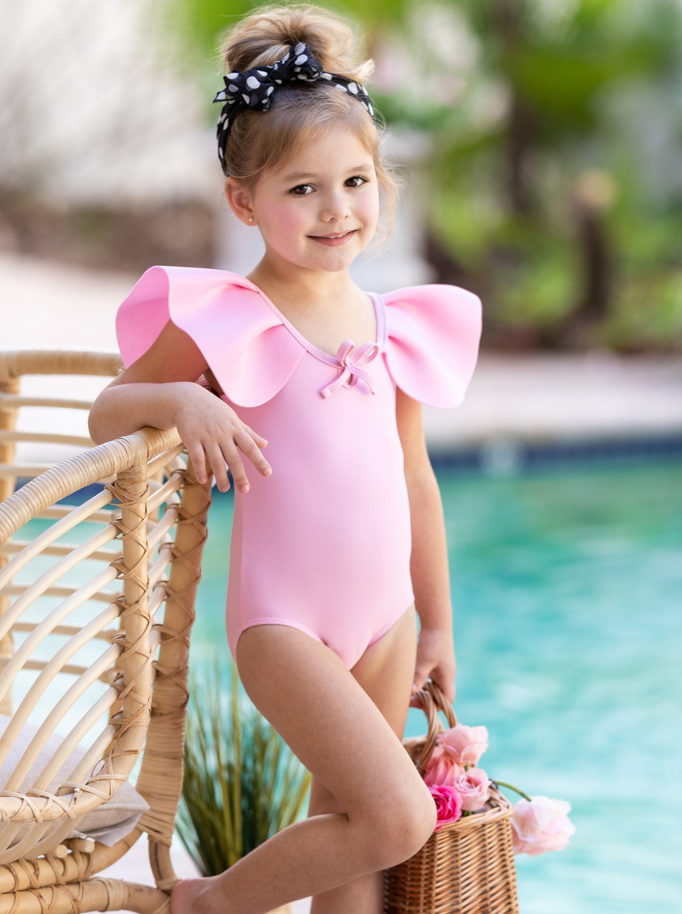 Little Girls Pink Ruffle Shoulder One Piece Swimsuit - Mia Belle Girls