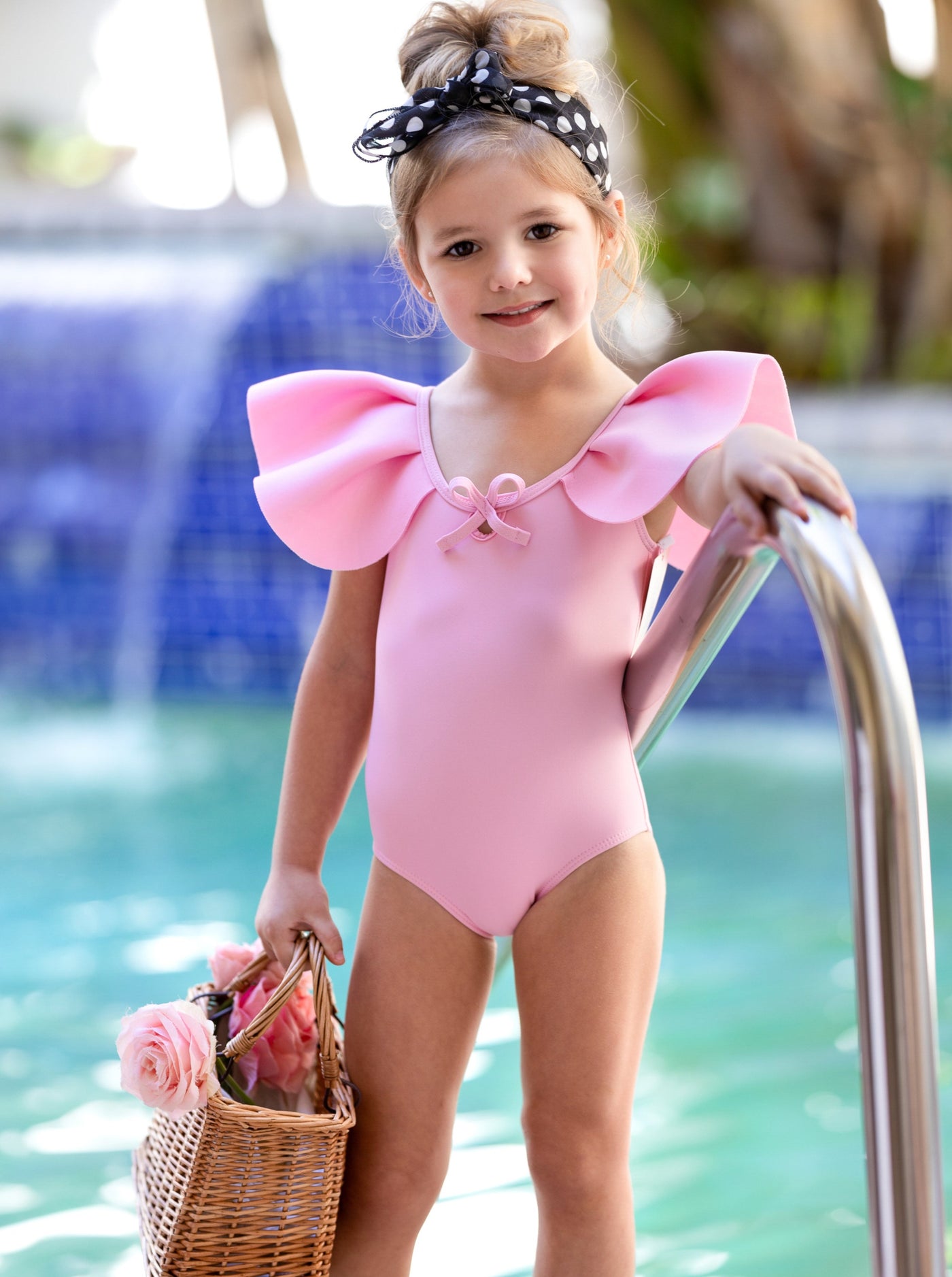 Little Girls Pink Ruffle Shoulder One Piece Swimsuit - Mia Belle Girls