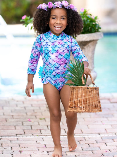 Kids Swimsuits | Little Girls Mermaid Rash Guard One Piece Swimsuit