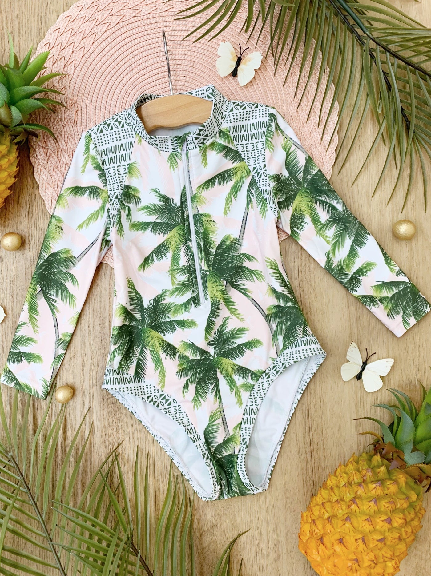 Mia Belle Girls Palm Tree Rash Guard Swimsuit | One Piece Swimsuits