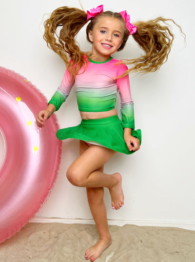 Toddler Swimwear | Girls Pink Green Gradient Skirt Two Piece Swimsuit