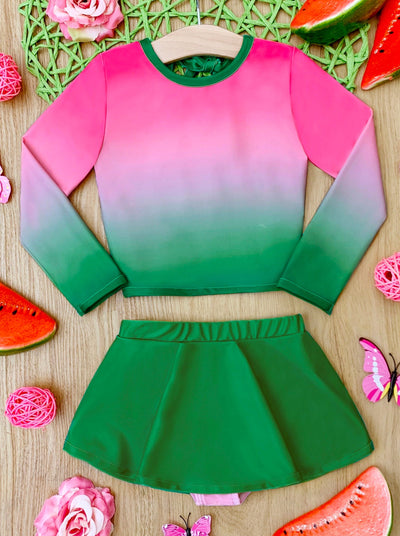 Toddler Swimwear | Girls Pink Green Gradient Skirt Two Piece Swimsuit