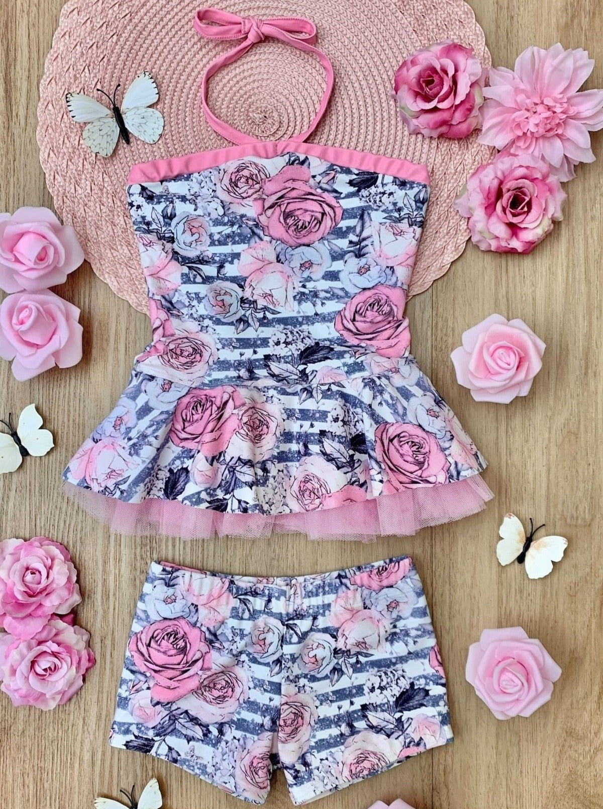 Cute Kids Swimsuits | Girls Paris Rose Tulle Two Piece Shorts Swimsuit
