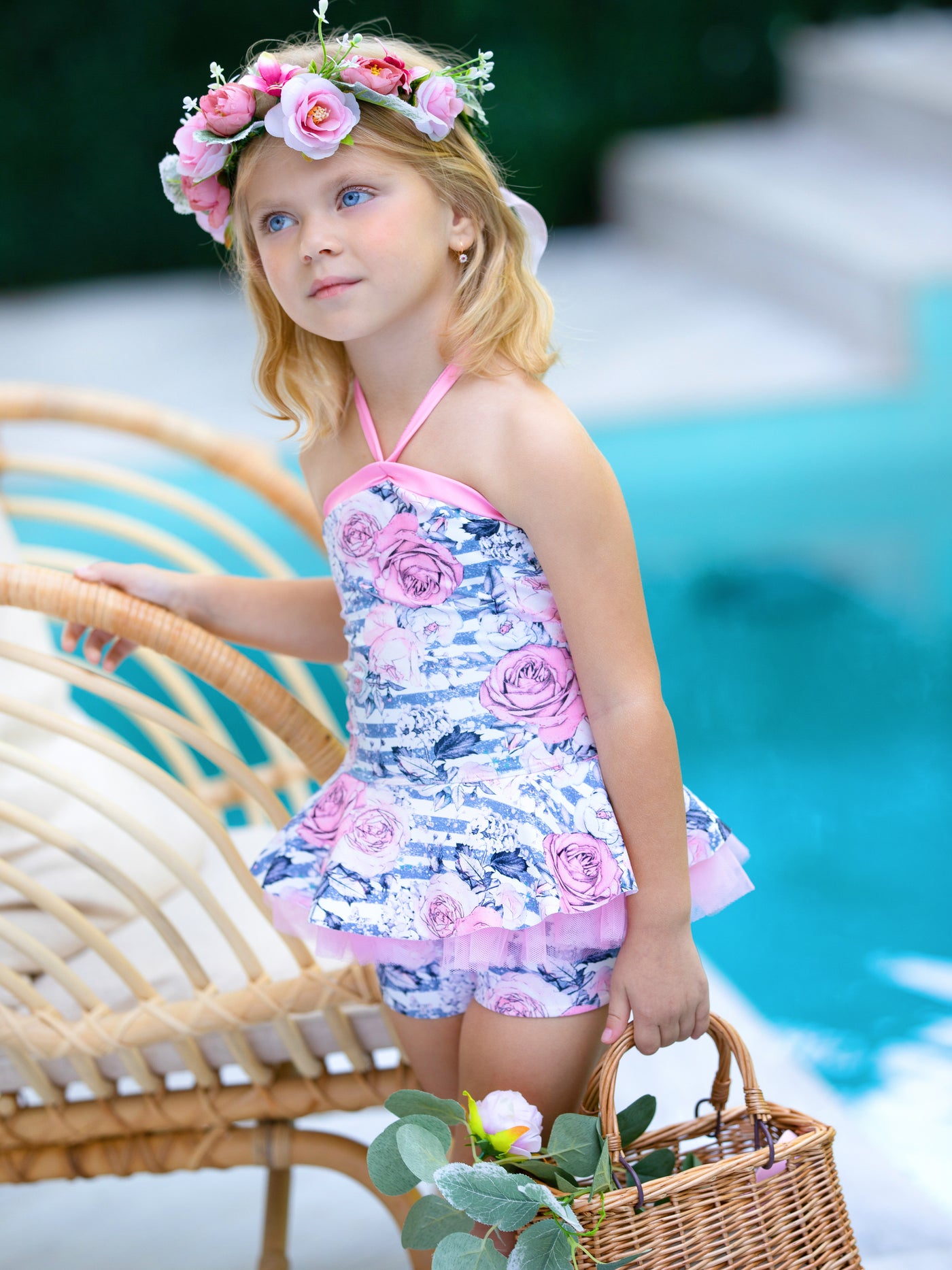 Cute Kids Swimsuits | Girls Paris Rose Tulle Two Piece Shorts Swimsuit