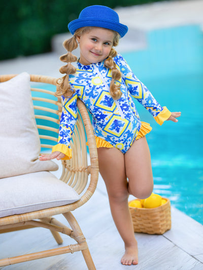 Cute Toddler Swimwear | Mediterranean Tile Print One Piece Swimsuit