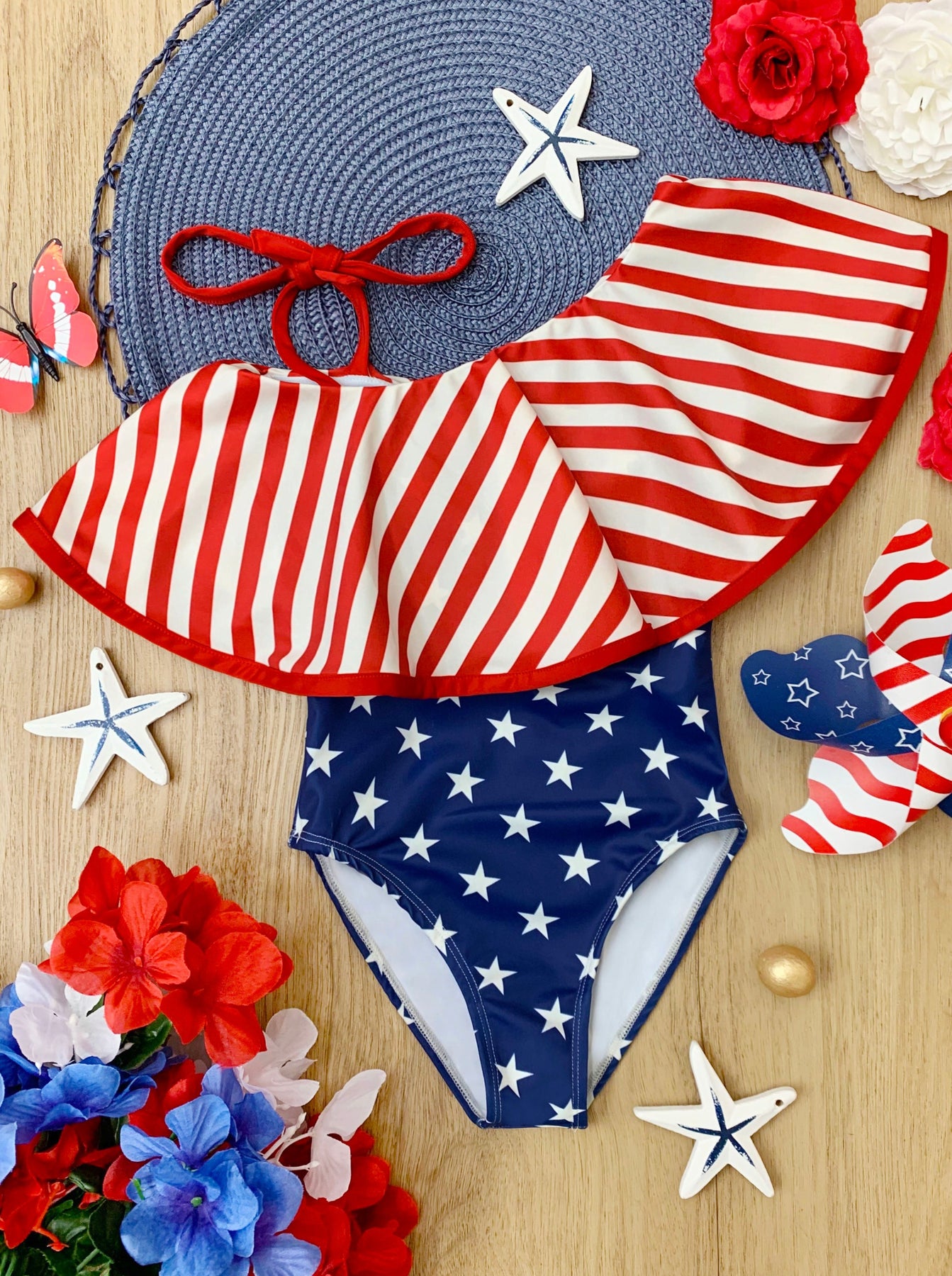 Kids Swimsuits | Girls USA Ruffle Bib One Shoulder One Piece Swimsuit ...