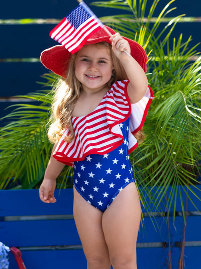 Kids Swimsuits | Girls USA Ruffle Bib One Shoulder One Piece Swimsuit