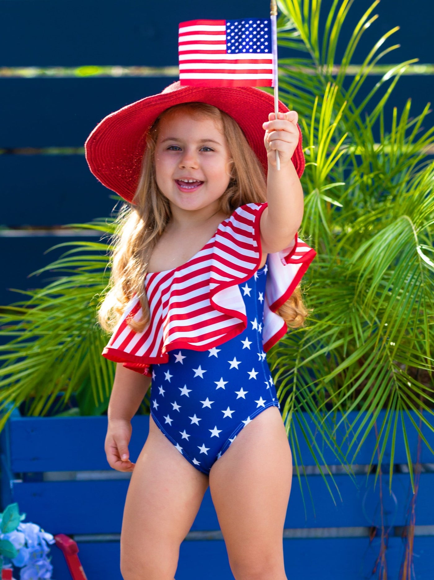 Kids Swimsuits  Girls USA Ruffle Bib One Shoulder One Piece Swimsuit – Mia  Belle Girls