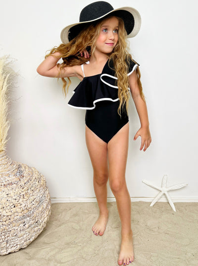 Toddler Swimwear | Girls Ruffle Bib One Shoulder One Piece Swimsuit