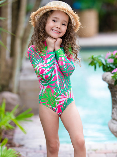 Kids Tropical Swimsuits | Girls Tropical Rash Guard One Piece Swimsuit