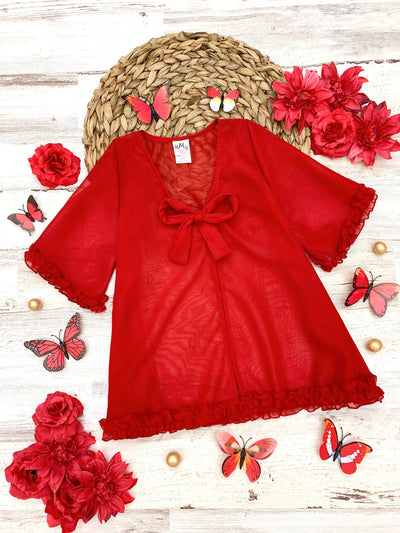 Toddler Girls Swimwear | Red 3/4 Sleeve Ruffled Caftan Cover Up