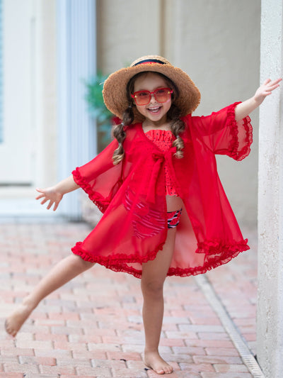 Toddler Girls Swimwear | Red 3/4 Sleeve Ruffled Caftan Cover Up