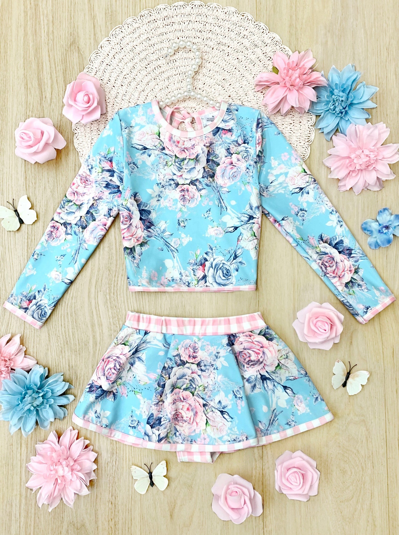 Cute Kids Swimsuits | Girls Blue Floral Patchwork Two Piece Swimsuit