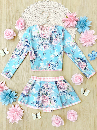 Cute Kids Swimsuits | Girls Blue Floral Patchwork Two Piece Swimsuit