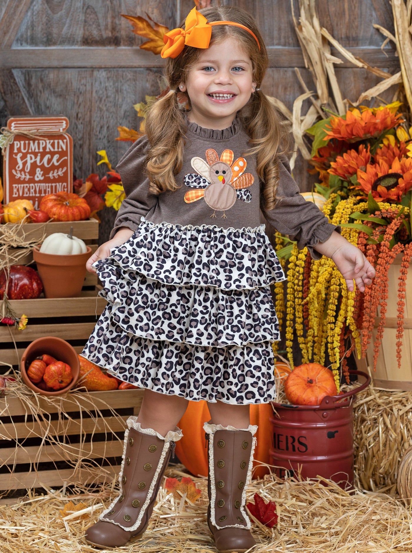 Kids Thanksgiving Outfits | Girls Turkey Ruffle Leopard Print Dress