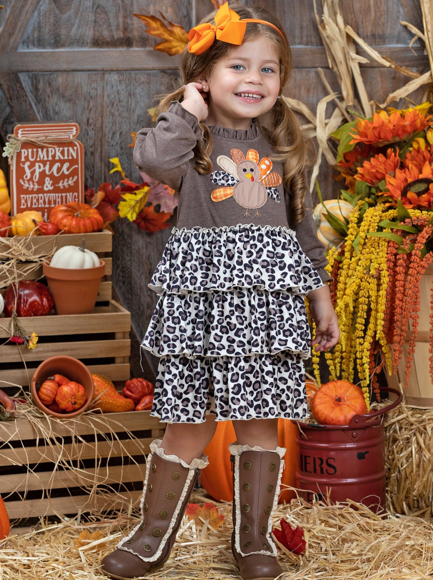 Kids Thanksgiving Outfits | Girls Turkey Ruffle Leopard Print Dress