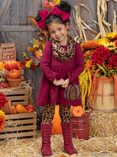 Leopard Print Pumpkin Tunic, Leggings & Scarf Set - Mia Belle Girls