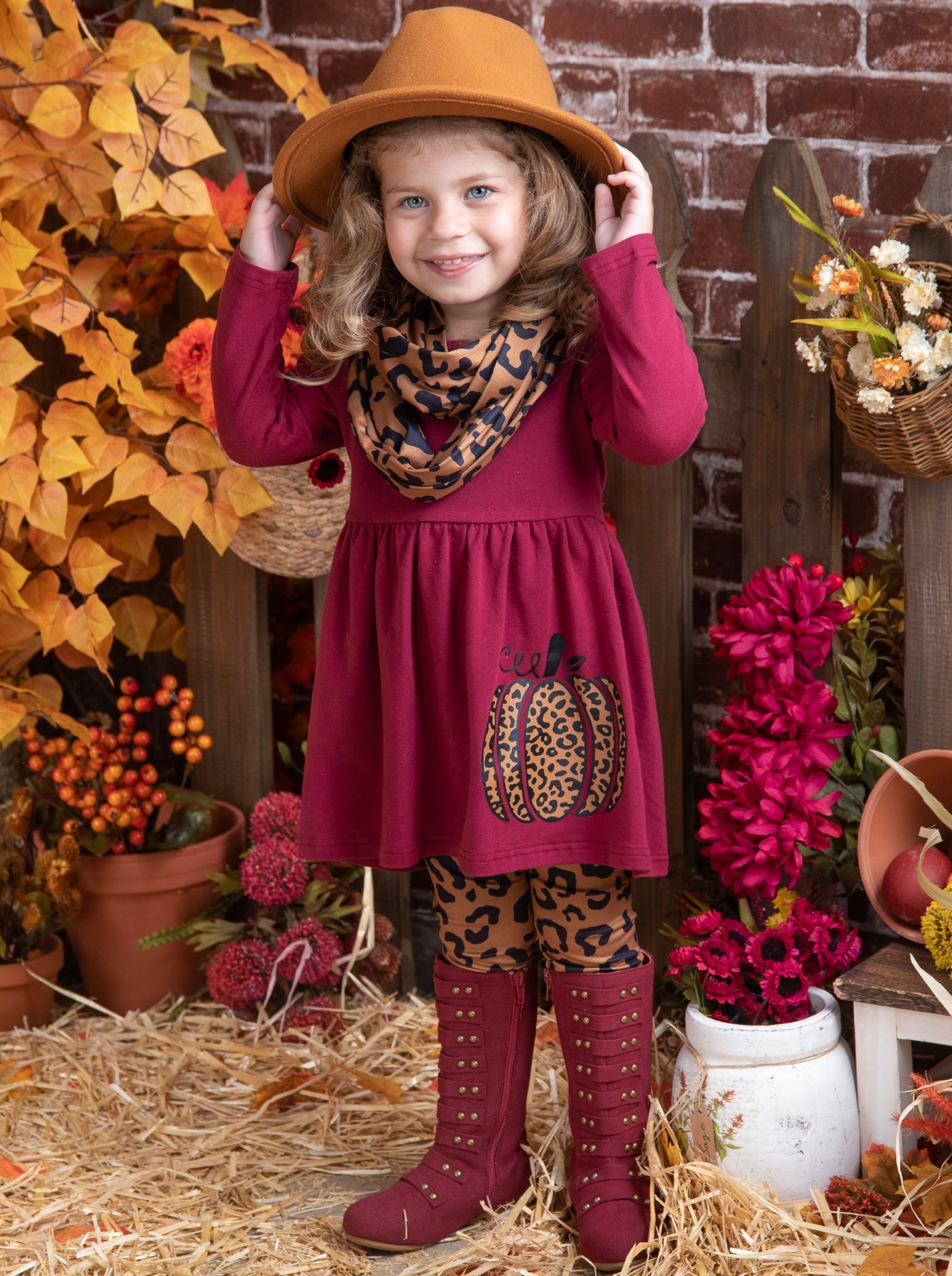 Little  Girls Fall Leopard Print Pumpkin Tunic, Leggings & Scarf Set - Mia Belle Girls