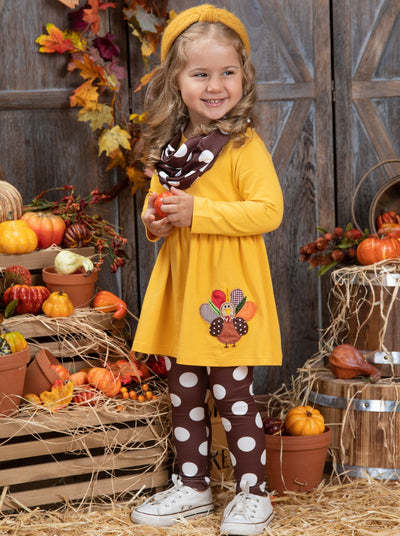 Kids Thanksgiving Outfits | Turkey Tunic Polka Dot Scarf & Legging Set
