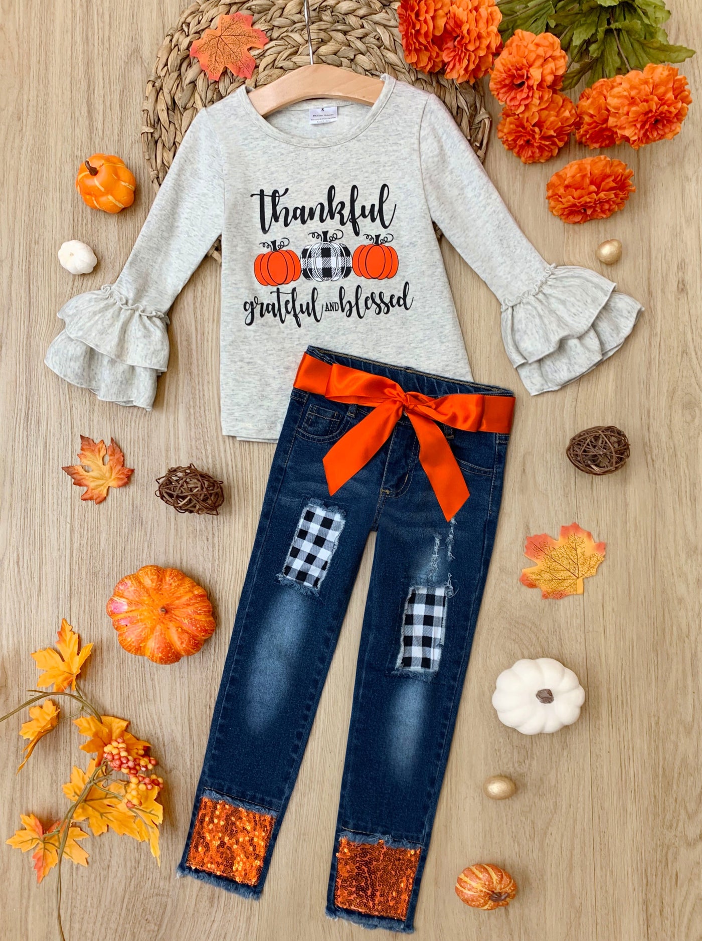 Grateful Ruffle Top & Sequin Cuffed Patched Jeans Set -Mia Belle Girls