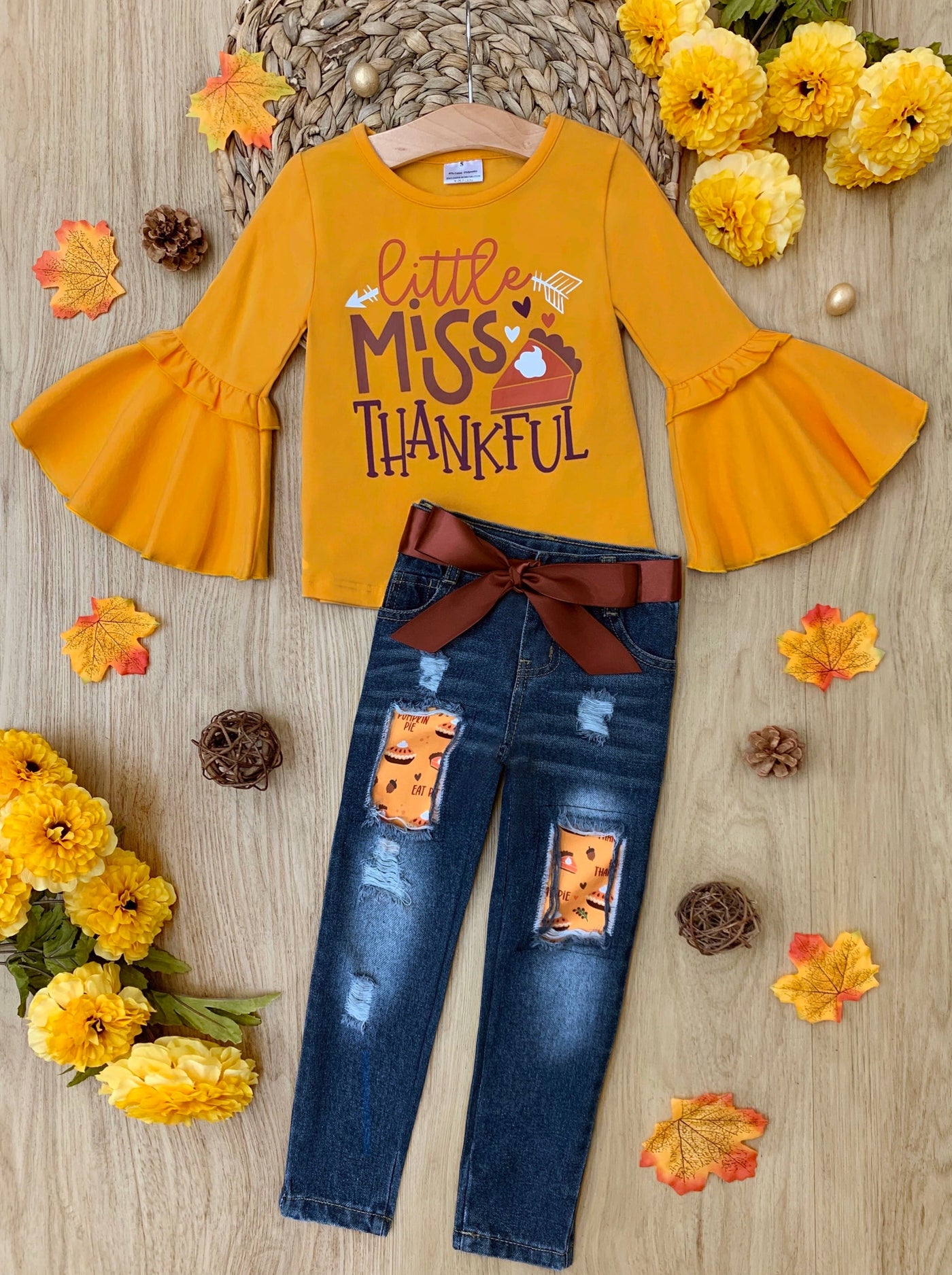 Thanksgiving Outfits | Thankful Flair Sleeve Top & Patched Jeans Set
