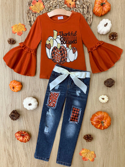 Kids Thanksgiving Outfits | Blessed Flared Top & Patched Jeans Set