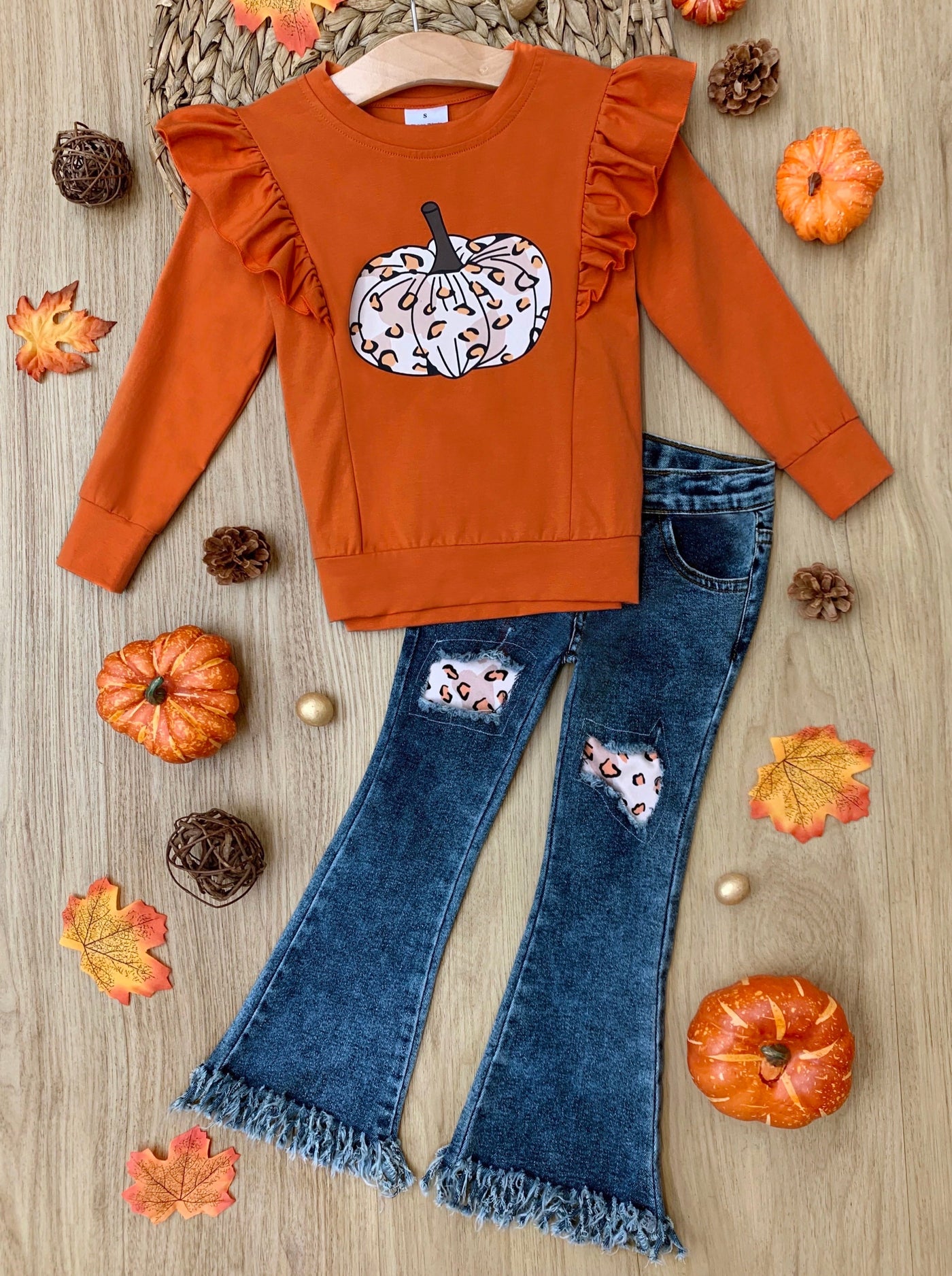 Pumpkin Party Pullover & Patched Fringe Hem Jeans Set - Mia Belle Girls