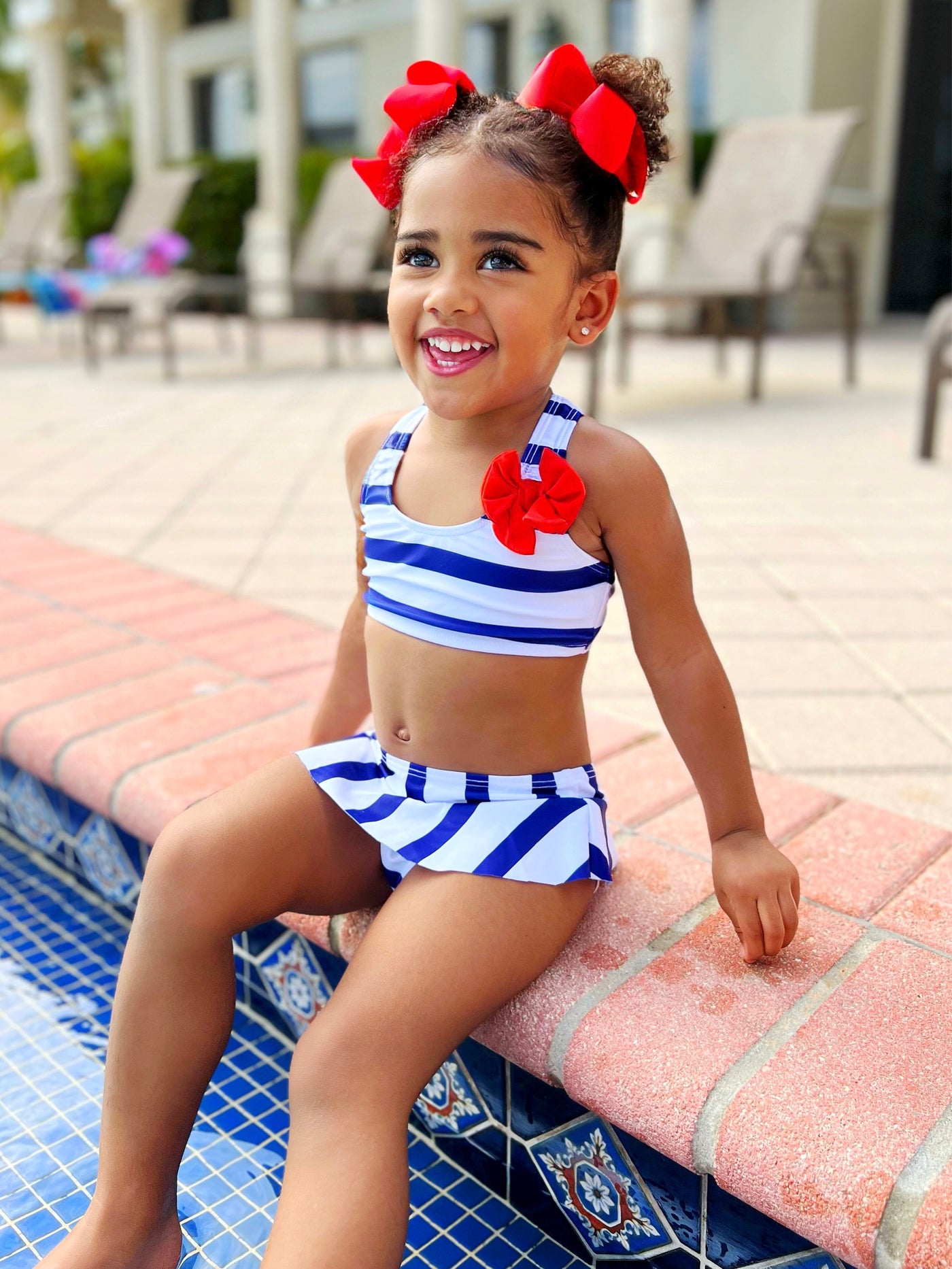 Cute Toddler Swimsuits | Girls Navy Striped Skirted Two Piece Swimsuit